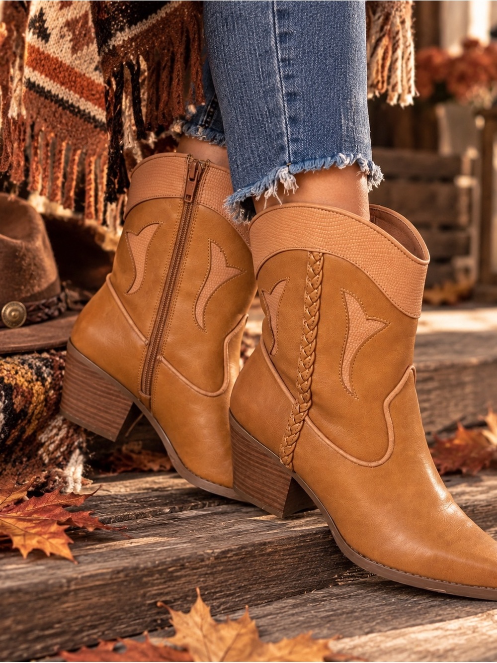 Braided Western Boho Coastal Cowgirl Festival Rodeo Tan Cognac Ankle Boots Sz8